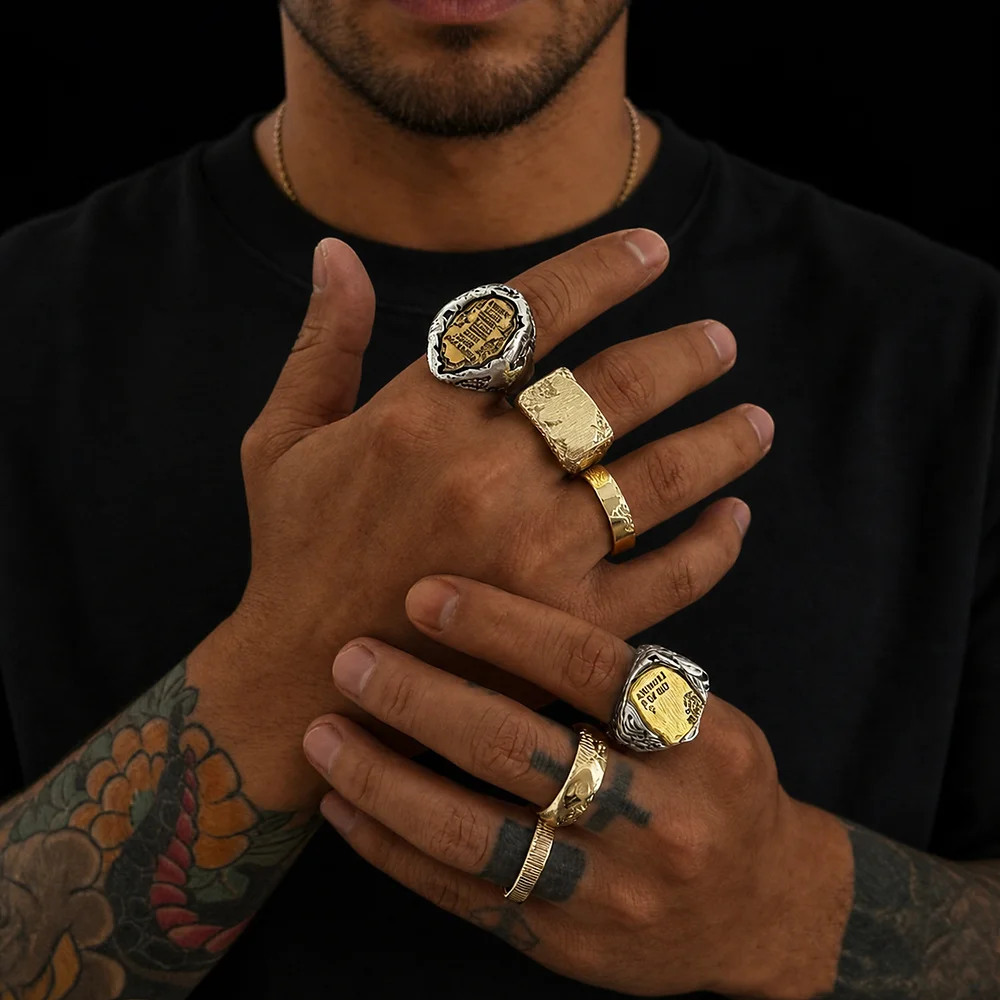 6Pcs Gold Color Open Rings For Men, Asymmetric Textured Signet Bands, Engraved Letter Designs, Vintage Punk Jewelry Party Gift