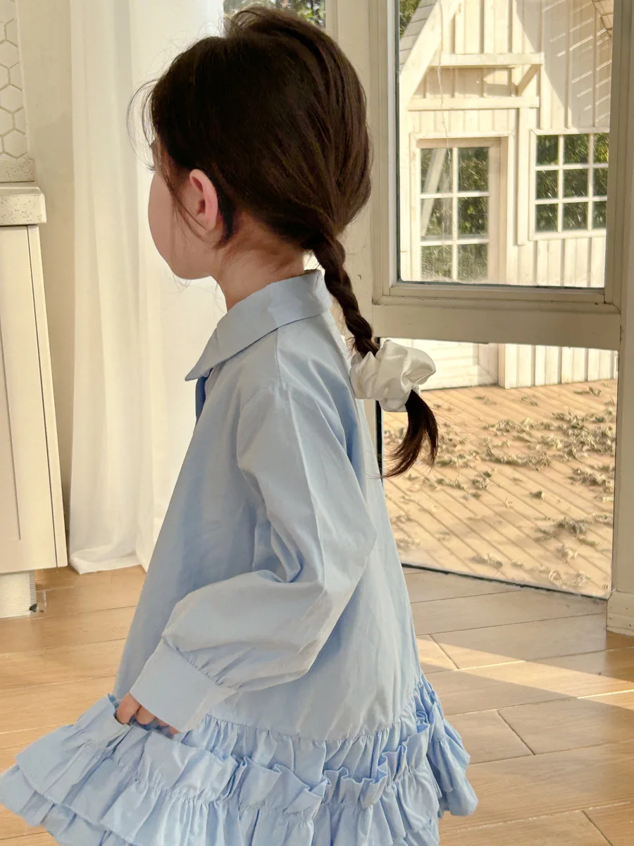 Girls Shirt Dress 2024 New Fashionable Korean Style Spring and Summer Lapel Long Sleeve Princess Solid Color Casual Sweet Dress