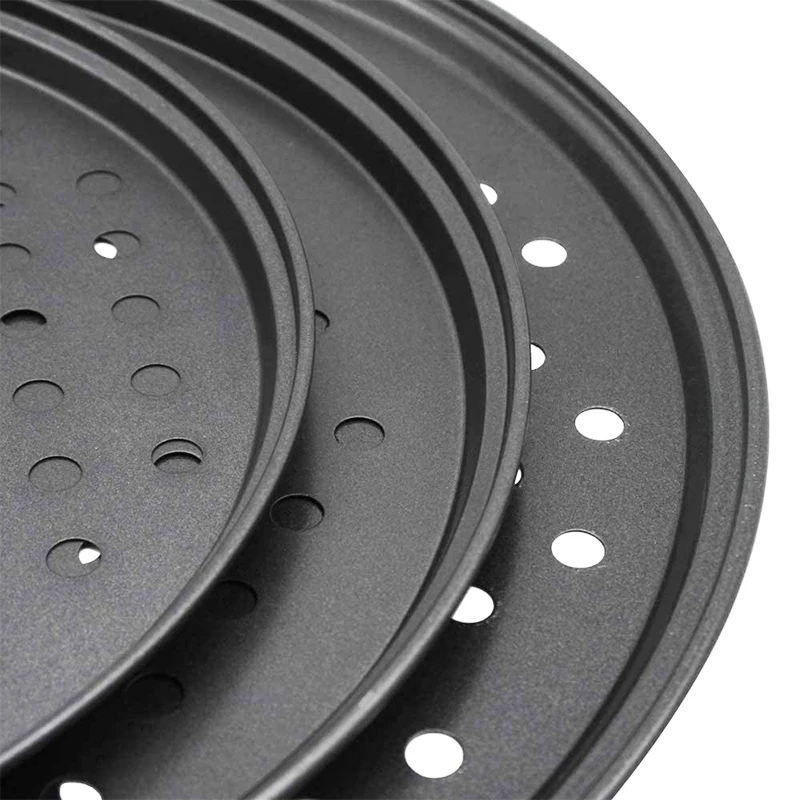 صواني هش البيتزا المصنوعة من الفولاذ الكربوني غير اللاصق، قالب صينية خبز البيتزا مع ثقوب، طبق عميق مستدير