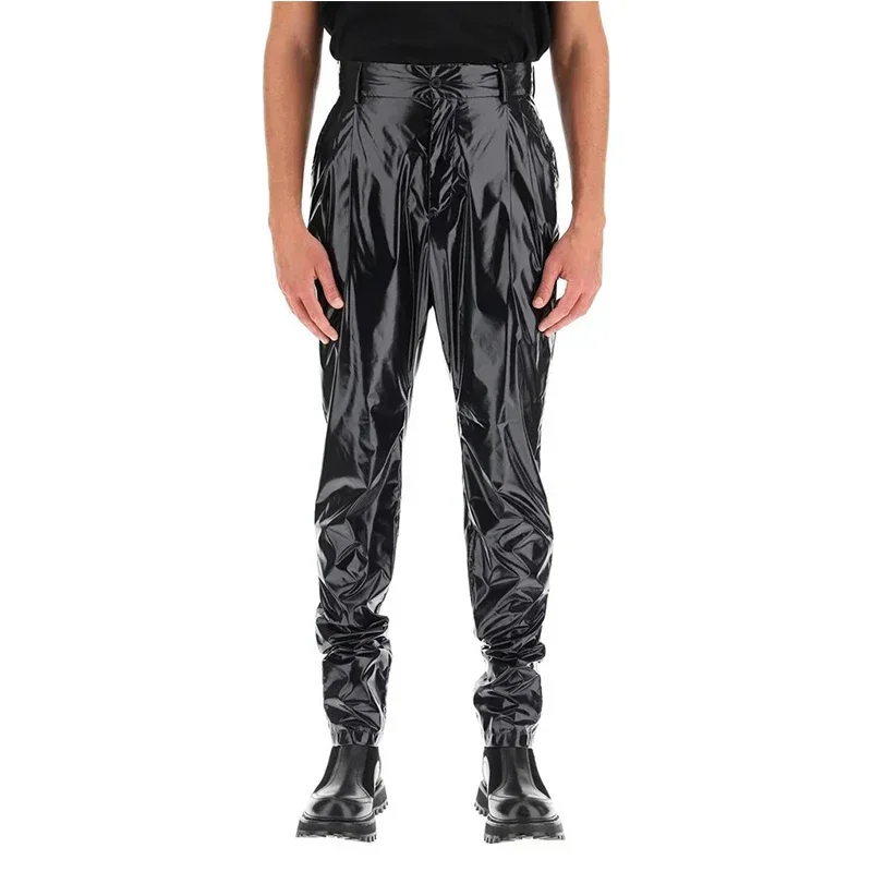 Men's Punk Faux Latex Pants Shiny Patent Leather Pleated Harlan Pants Male High Waist Stretch PU Trousers New Streetwear Custom