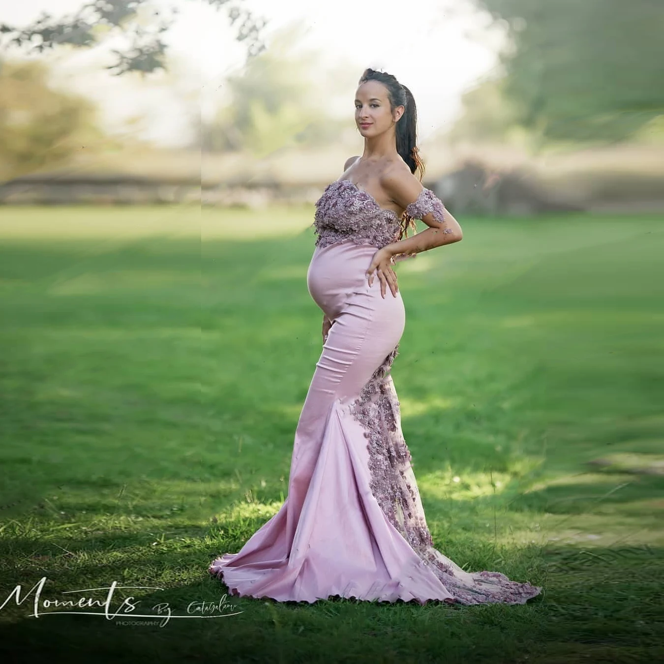 Chic Stretchy Maternity Dresses For Photography Prom Gowns Mermaid Applique Beads Maternity Dress with Sleeves Strapless Luxury