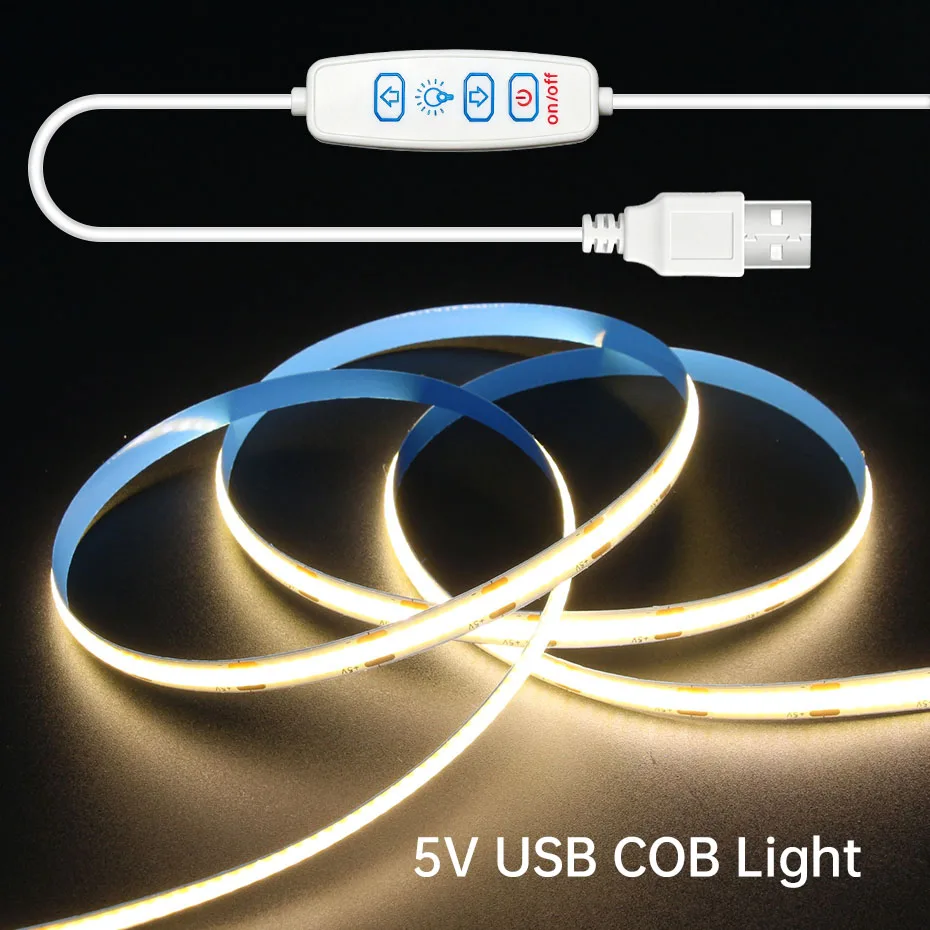 USB 5V COB LED Light Strip 320LEDs/m 3Keys Dimmable 1-5m 8mm Flex Ribbon Warm/Cold/Neutral White for Mirror TV Shelf Cabinet