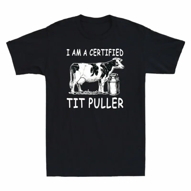 Dairy Cow I'm A Certified Tit Puller Funny Vintage Mens T-Shirt Cotton Black Tee