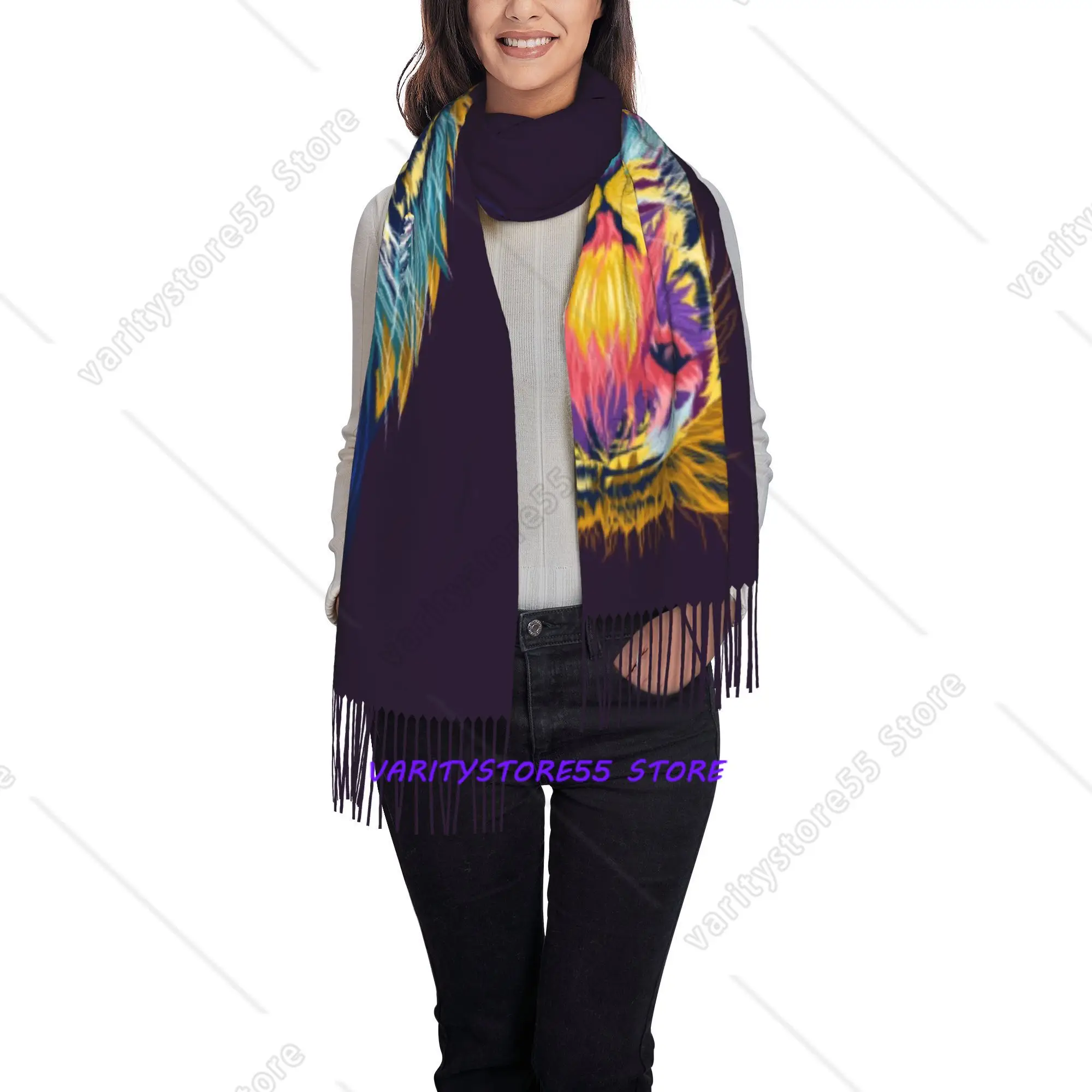 Vivid Multicolor Lion Portrait Pattern Tassel Shawl, Wildlife Art Outer Cape Cover Up