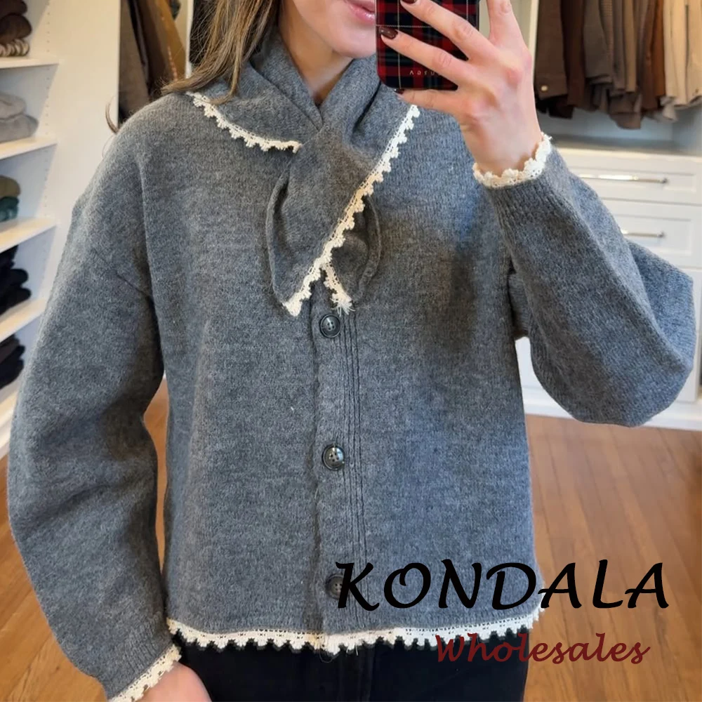 KONDALA Chic Solide Frauen Herbst Süße Casual Mode 2025, Pullover Kopftuch Einreiher Vintage Elegante Weibliche Stricken Pullover