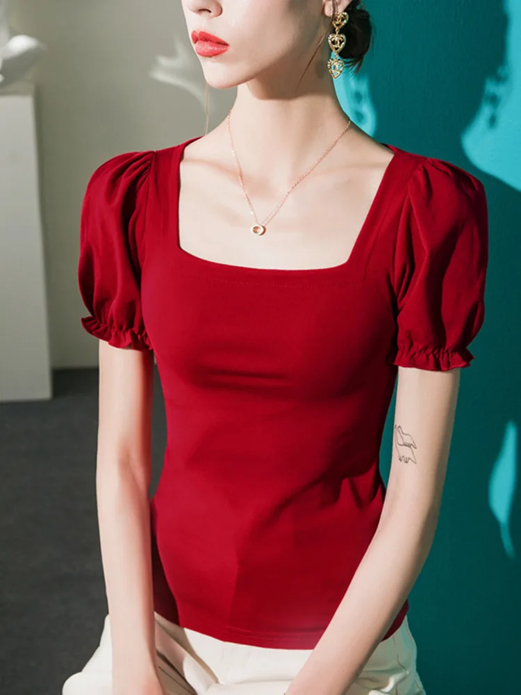 

Сплошной цвет с квадратным вырезом и пышными рукавами, облегающий топ для женщин, классический танцевальный костюм для выступлений на сцене, рубашка для репетиции