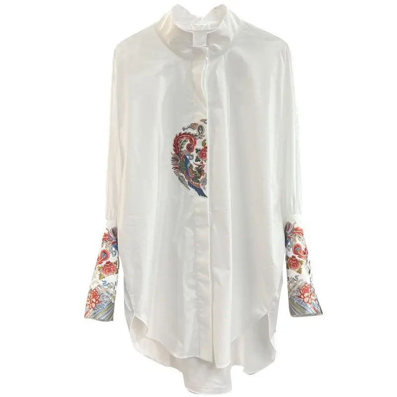 Spring Autumn New Turn-down Collar Long Sleeve Shirt Women High Street Casual Mid-length Cardigan Button Embroidered Vintage Top