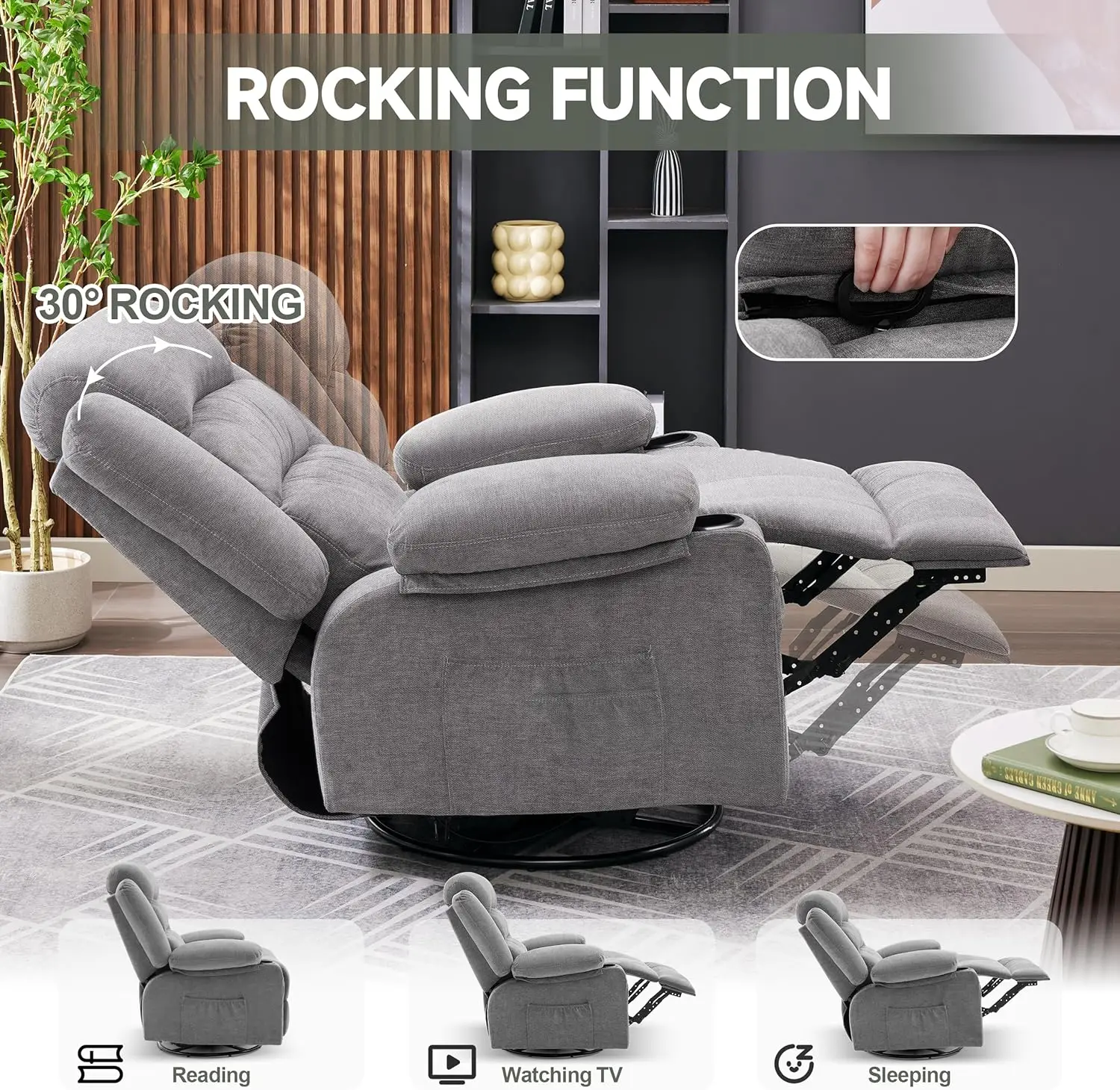 Chair with Heat and Massage, 360° Swivel Recliner Chairs for Adults, Oversized Recliner Single Sofa Seat with Cu