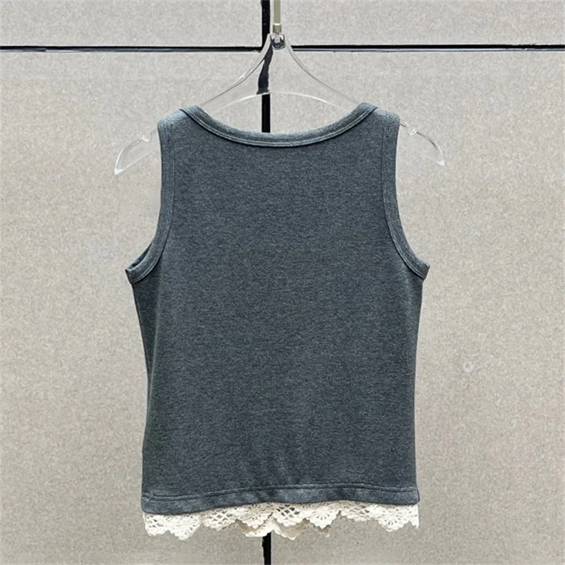 Chaleco de mujer nuevo top sin mangas de retazos de encaje para invierno 2025 mezcla de algodón cuello redondo Camiseta corsé de punto acanalado elástico y2k
