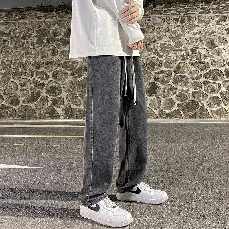

Casual Loose Straight Leg Dstring Waist Jeans for Men Youth High Street Faion Spring Autumn Long Trousers Spor