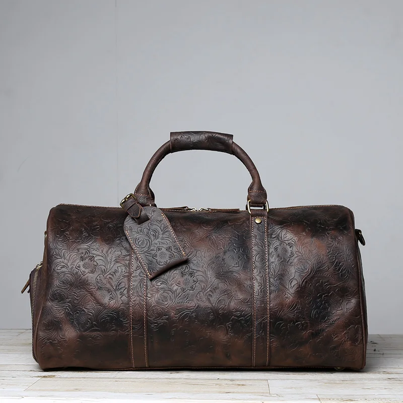 Vintage Embossed Tote High-Capacity Leather For A Short Trip Baotou Leather Belt Shoe Compartment Clothes Duffel Bag Gym Bag