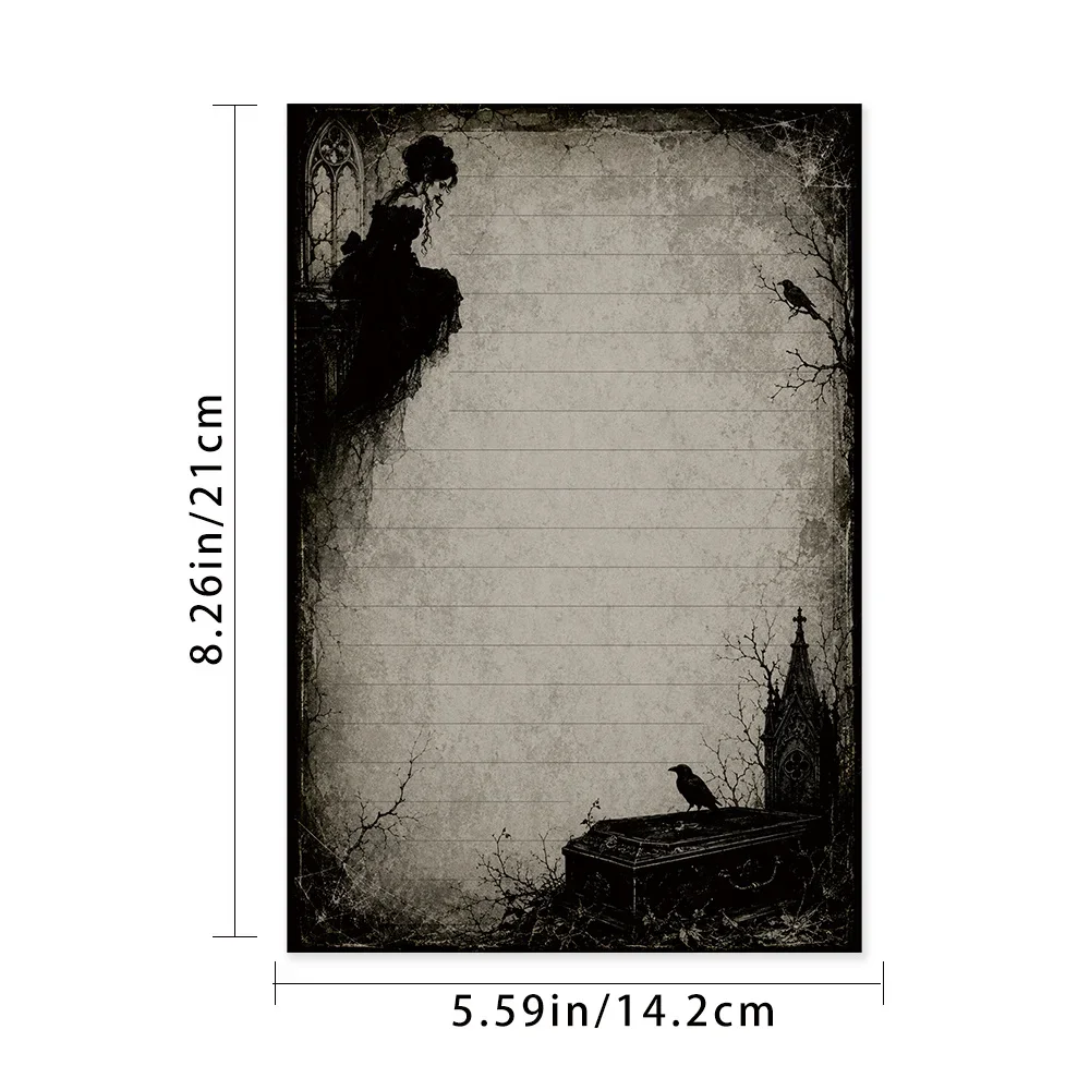 50 Sheets,Retro Dark Gothic Crow -themed Writing Paper, Lined, Glue-free, Perfect For Notebooks, Memos, And Stickers