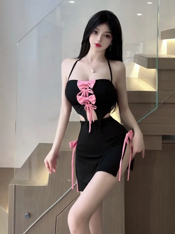 Korean Style Sweet Girl Sexy Bow Strap Appear Thin Women's Top+Half skirt Temperament two piece outfits for women summer D004