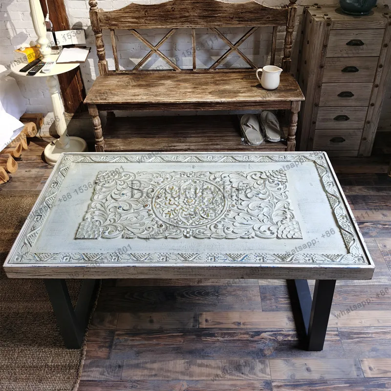 French retro solid wood carving flower tea table living room old rectangular decorative coffee table