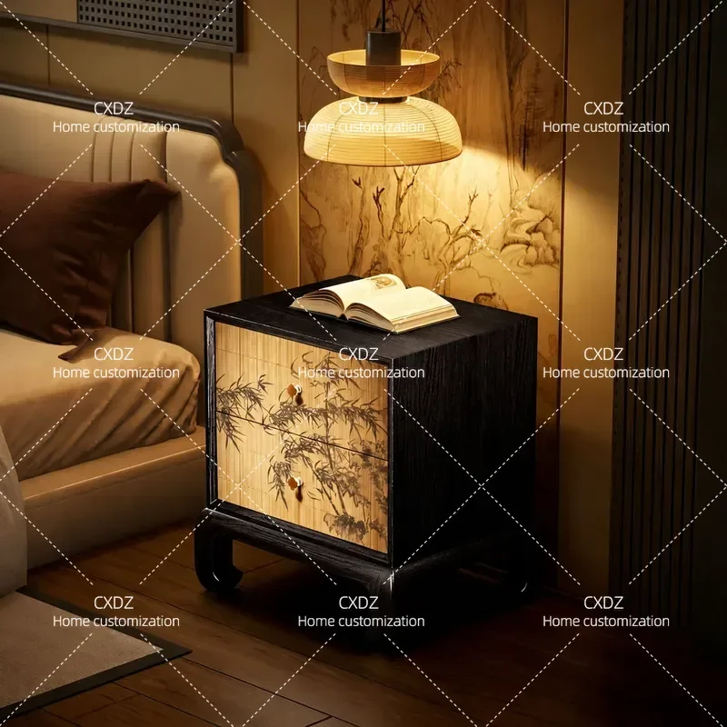 New Chinese Style Solid Wood Bedside Table with Ink Bamboo Pattern Song Aesthetic Bedroom Storage Nightstand Locker