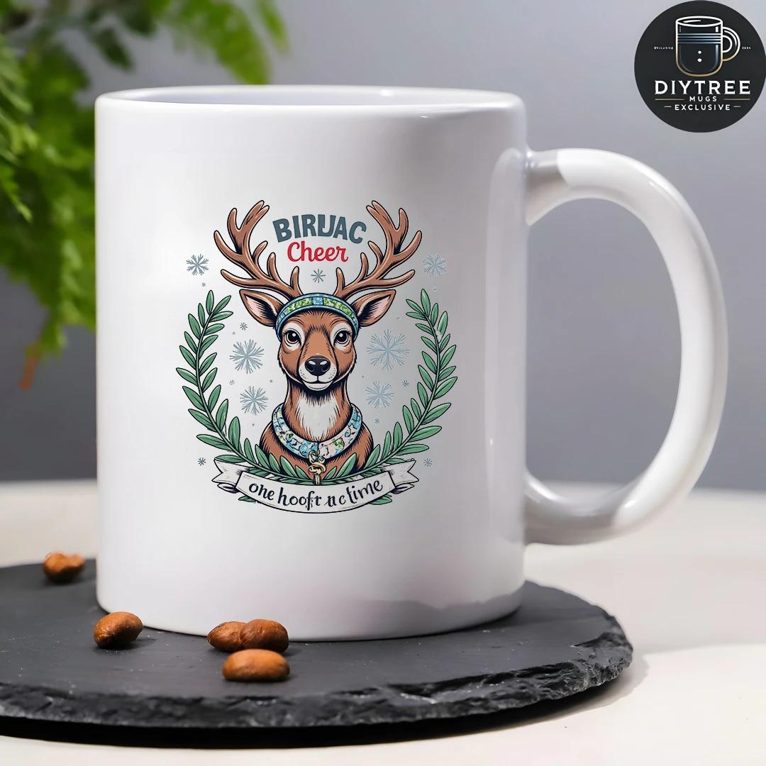 Cartoon Deer Head Collar Mug 11OZ Christmas Gift Kids Water Cup Home Office Coffee Cup BIRUAC Cheer Step by Step Design