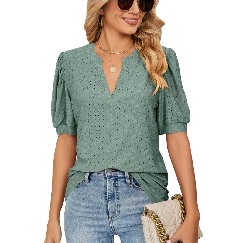 Fashion New T Shirts For Women Vintage Short Sleeve And V-neck Solid Color Tees Casual Elegant Female\'s Pullover Top 2024 Summer