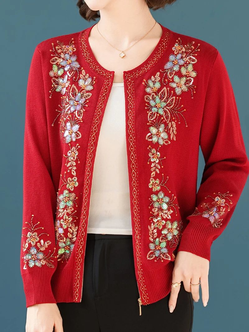 

Spring Autumn Heavy Du Rhinestone Embroidered Flower round Ne Zipper Knitted Open Cardigan Women's Faionable Outerwear