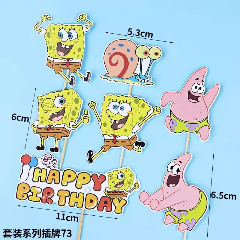 Yellow Sponge-Bob Theme Cake Toppers for Birthday Party Cartoon Baby Shower First Birthday Cake Decoration Supplies Gifts Toy