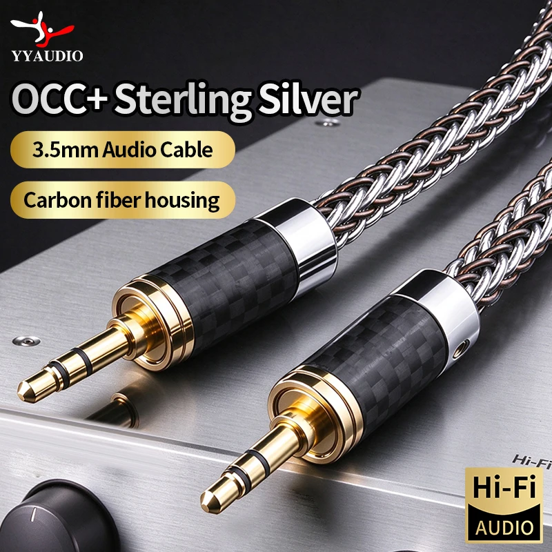 YYAUDIO HiFi 3.5mm AUX Audio Cable OCC Sterling Silver Mixed Braided 24K Gold Plated Carbon Fiber Shell For Car Phone Amplifier