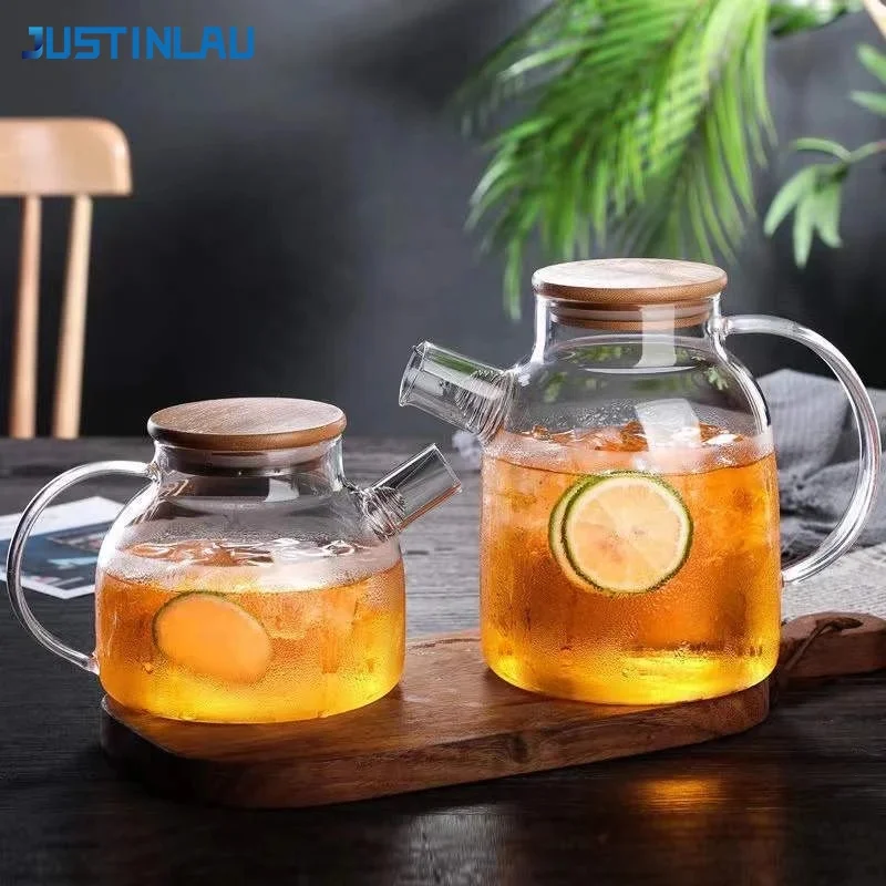 Tetera de vidrio transparente JUSTINLAU de 1/1.8L con tapa de bambú, jarra de vidrio resistente al calor, tetera de vidrio engrosado para té de flores, tetera Puer