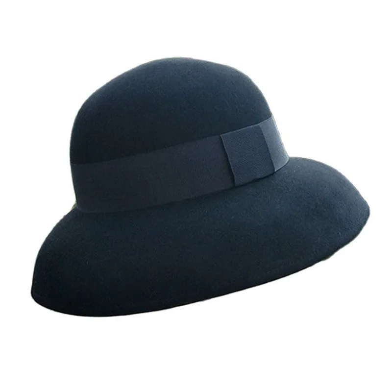 Crushable Dress Fedora Women Vintage Style Hat 100% czysta kapelusz z filcu wełnianego czarny szary Fedora z szerokim rondem kapelusz z prostym paskiem — zdjęcie 2