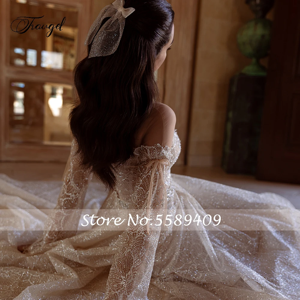 Traugel رقبة سكوب كم طويل دانتيل فساتين زفاف عتيقة فاخرة قبالة الكتف حزام ذيل محكمة خط الزفاف Gowo #3