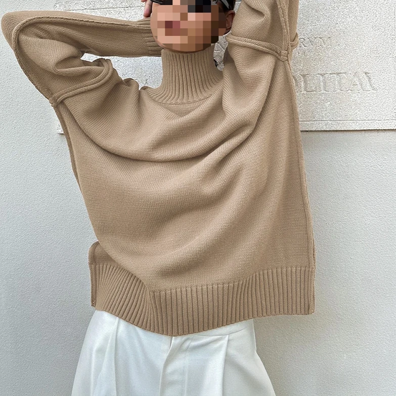 Stitched Turtleneck Sweater for Women Europe and America 2024 Autumn and Winter New Casual, Lazy and Thickened Sweater Knitted