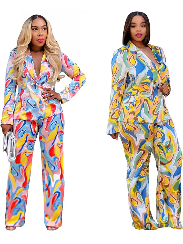 2 Pieces Women\'s Sets 2024 Autumn Winter Long Sleeve Print Blazers Suit Tops And Pants Suits Two Piece Set Tracksuit Outfit