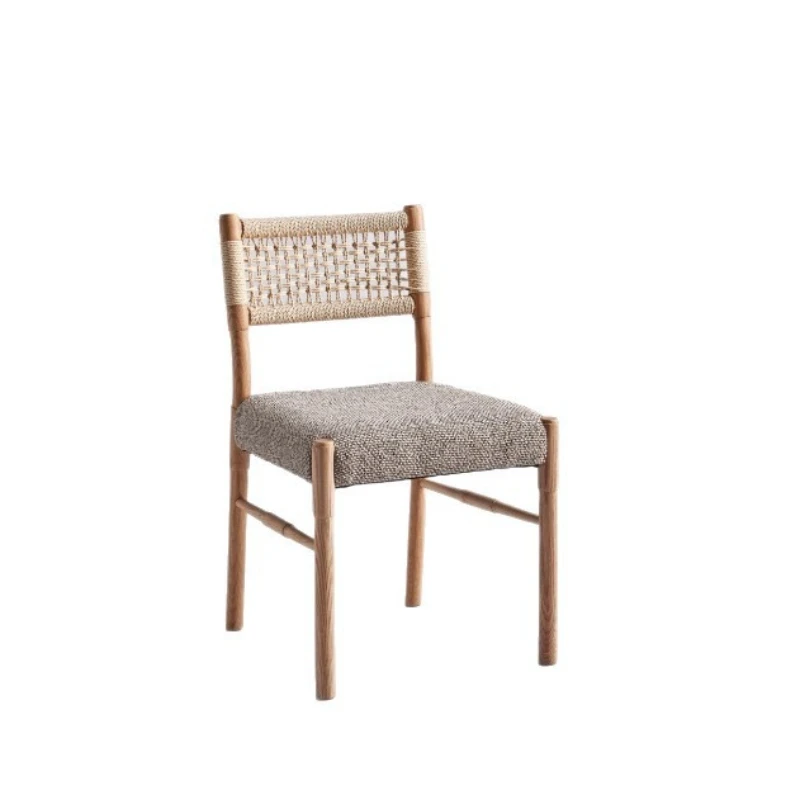 

Woven dining chair, French vintage solid wood wabi-sabi backrest chair, vintage style home dining table chair, Japanese braided