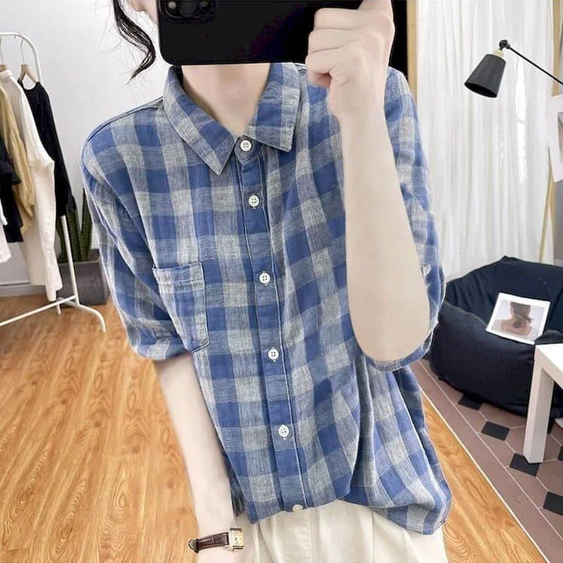 

Plaid Shirts for Women Cotton Vintage Short Sleeve Polo-neck Casual Single Breasted Korean Style One Piece Blouses Women Tops
