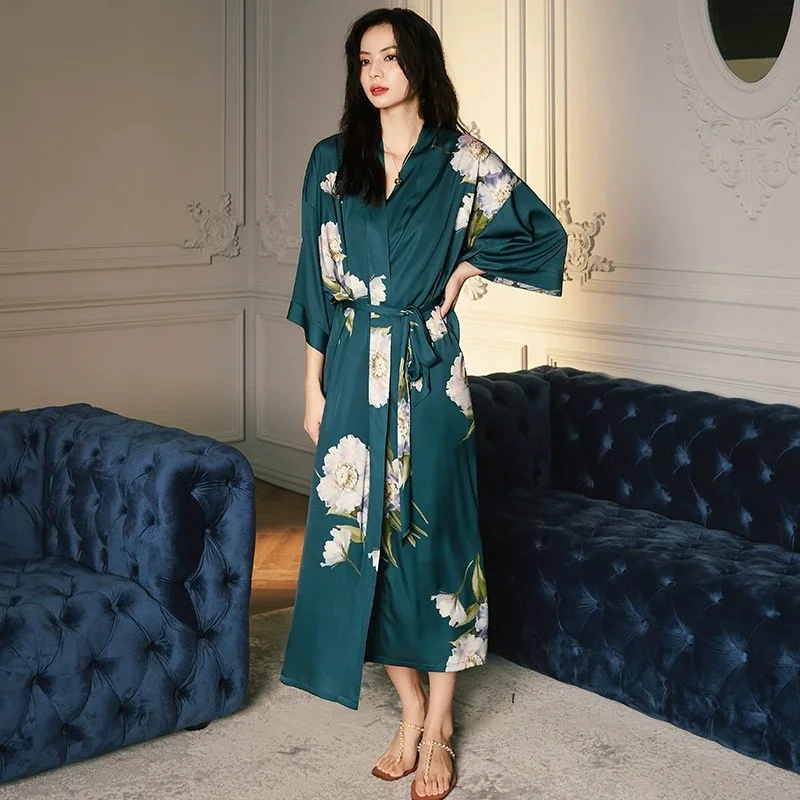 Print Flower Long Robe Nightgown Spring Summer Three Quarter Sleeves Kimono Bathrobe Gown Women Satin Home Dress Lounge wear