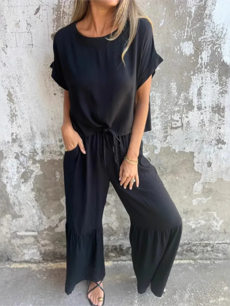 

Elegant Women's Trousers 2 Piece Set Sportswear Set Short Sleeve Top Loose Flared Pants Set Women's Casual Ladies Fashion Suits