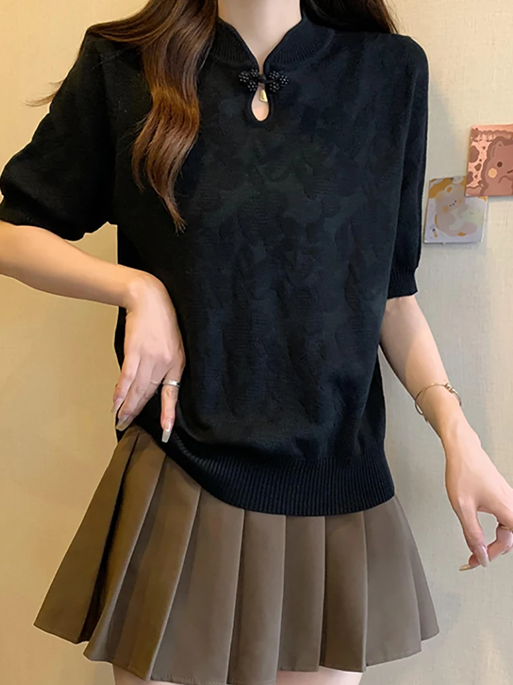Women's Knitting Black T Shirt Hollow Out Chinese Style Tee Shirt Femme Stand Neck Loose Thin Tshirts Summer New Tops T-shirt