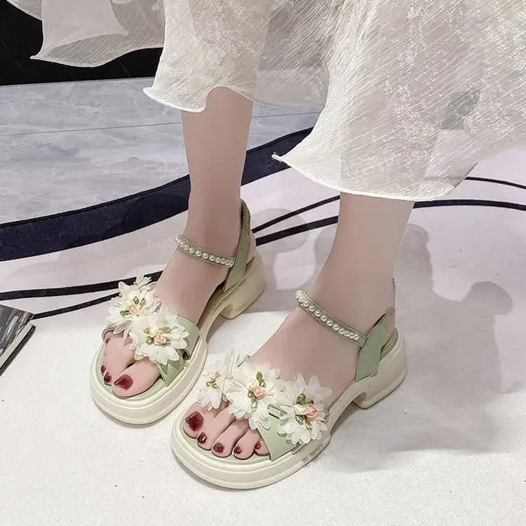 First Bloom Platform Sandals For Women Flower Pearl Chain Ankle Strap Elastic Back Thick Sole Summer Walking Shoes_vogvips.com