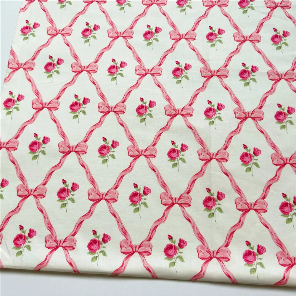 vintage rose ribbon 100% Cotton Fabric Print Cloth Sewing Quilting For Patchwork Needlework DIY Handmade Material