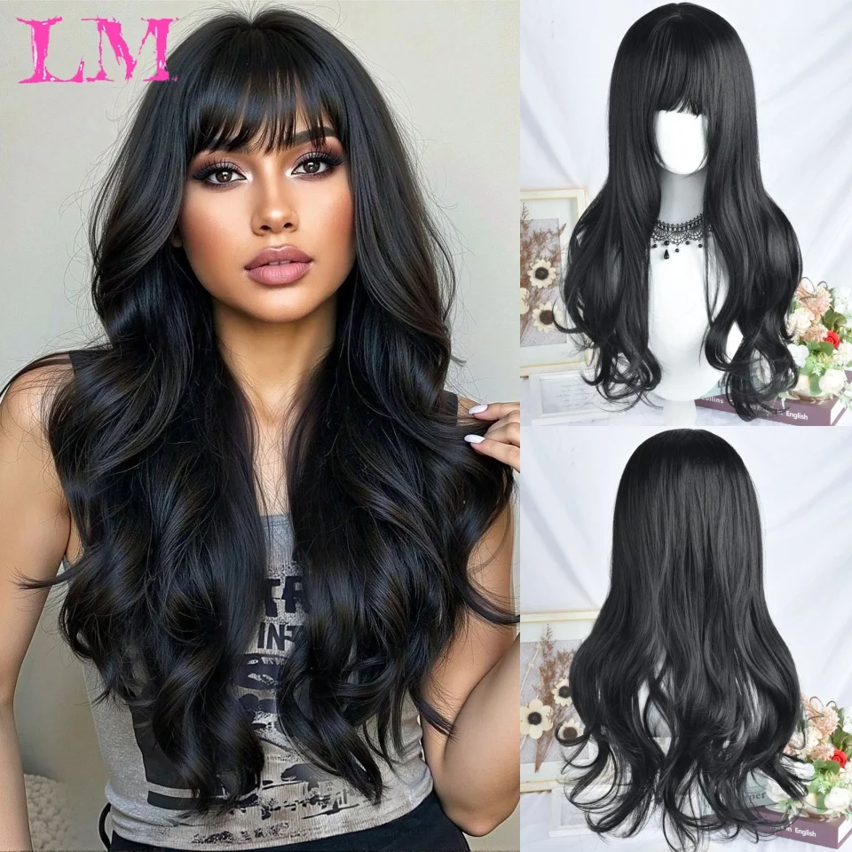 LM Synthetic Wigs Brown Long Deep Wave Hair Lolita Wigs With Bangs Synthetic Wig For Women Fashion Thick Curls Wigs Girl