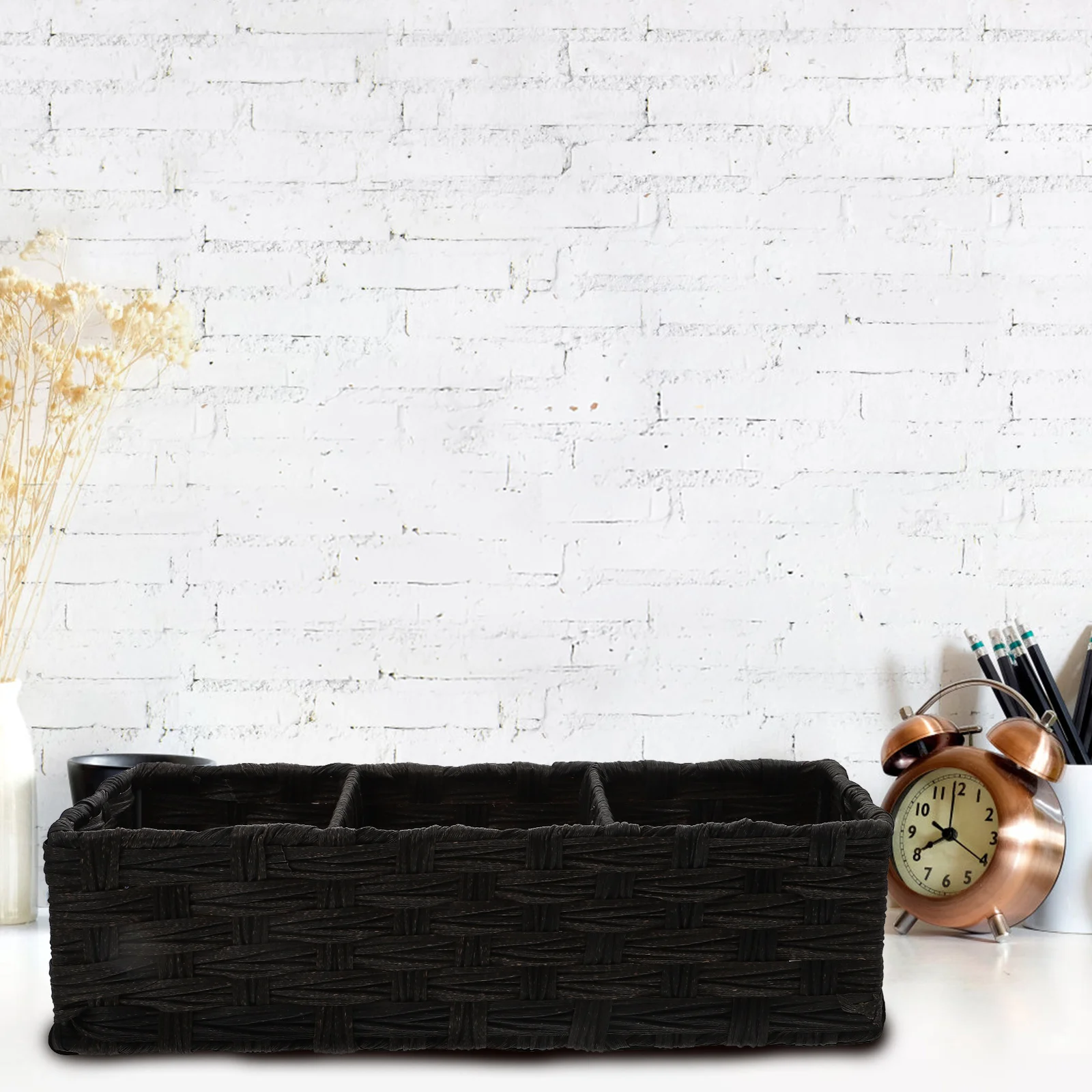

Black Rectangular Storage Box 3 Grids Desk ganizer Woven Basket Lightweight Home Office Dormitory Container Household