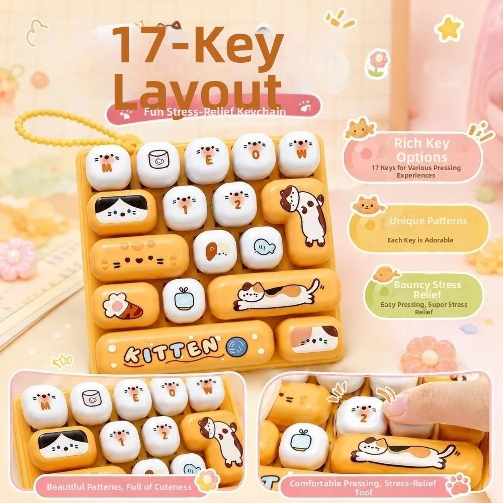 Cartoon 17 Keys Keyboard Keychain Pressable Keys Clicker Sound Keyboard Clicker Keychain Animals Portable Stress Relief Fidget