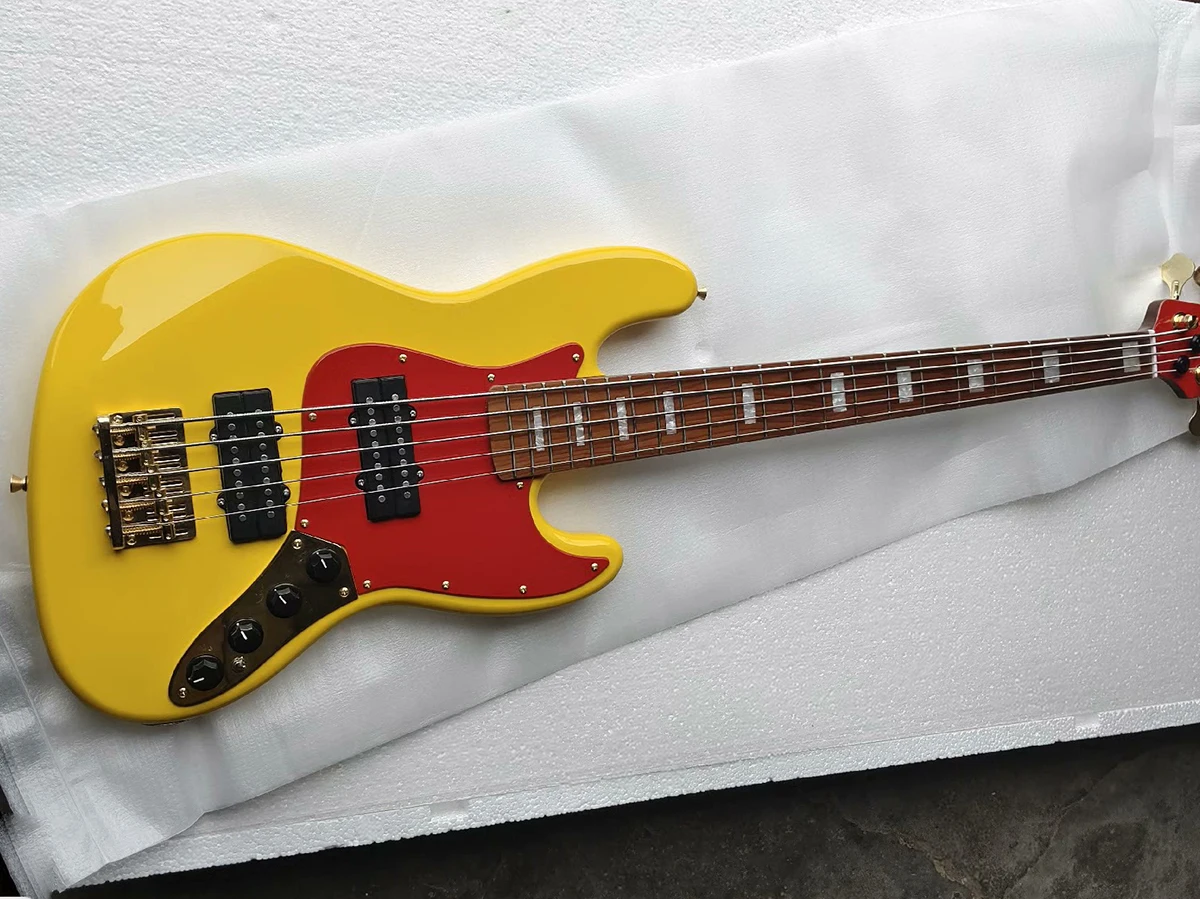 Bajo eléctrico amarillo de 5 cuerdas de alta calidad, mástil de arce tostado y diapasón activo, personalizable de fábrica