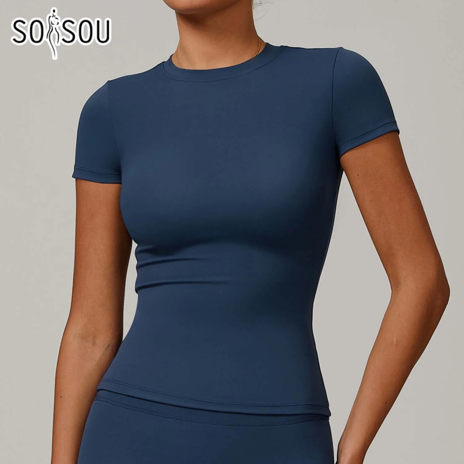 

SOISOU Nylon Top Women Short Sleeve Round Neck Yoga Shirts Fitness Tight Elastic Slim Fit Breathable Sports Top Womens Clothing
