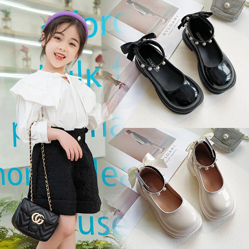 

2023 New Girls Shoes Spring Autumn Princess Beads PU Leather Shoes Cute Bowknot Students Shallow Mouth Sandals Toddler Shoes