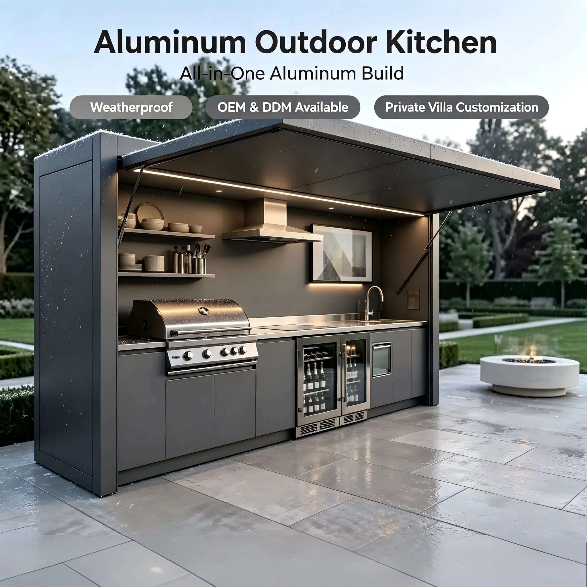 Custom 304 Stainless Steel Villa Outdoor Kitchen Shelter, BBQ Grill for Garden Backyard Outdoor Cooking