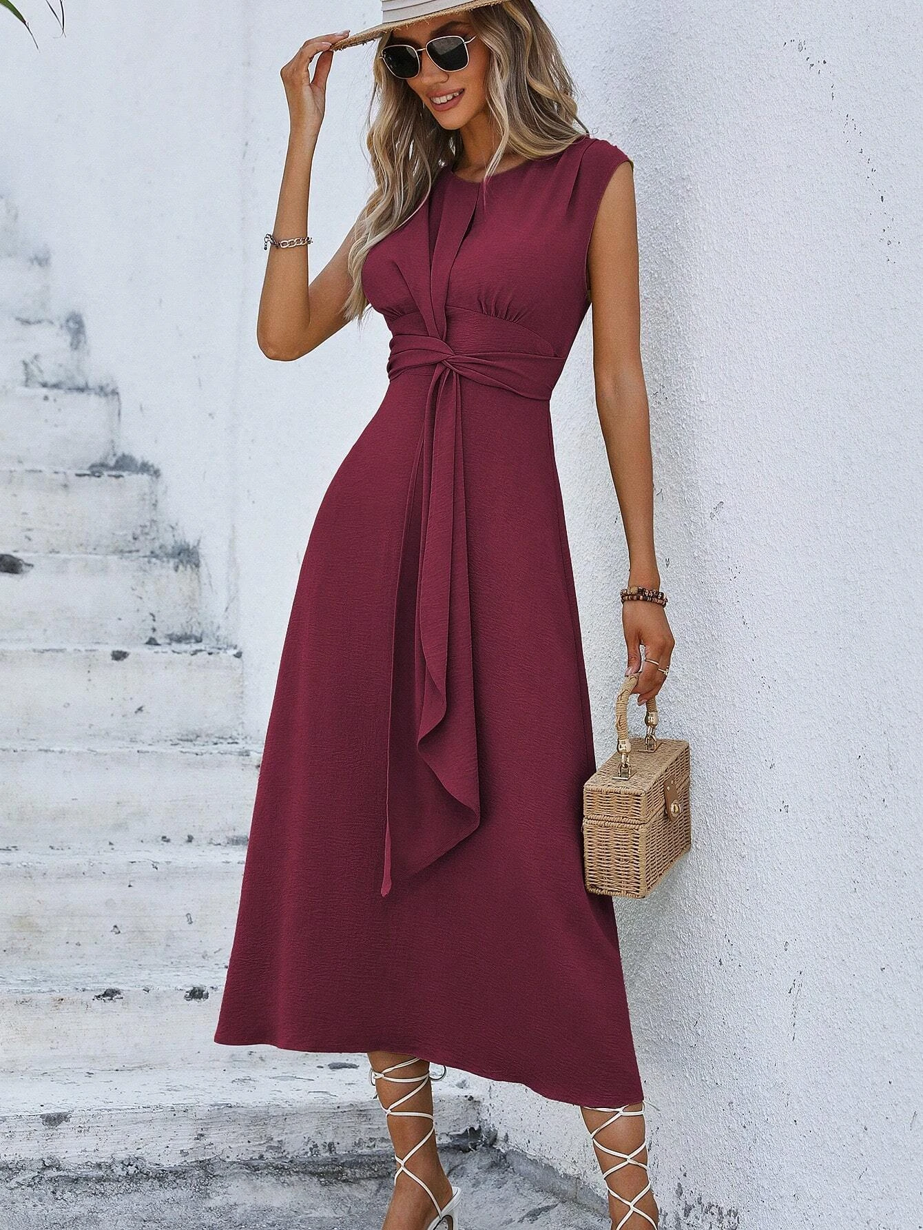 Women\'s  Summer Casual Plain Green Long Dresses Solid Sleeveless Casual Dresses Women\'s Clothing Fashion Vestidos Largos