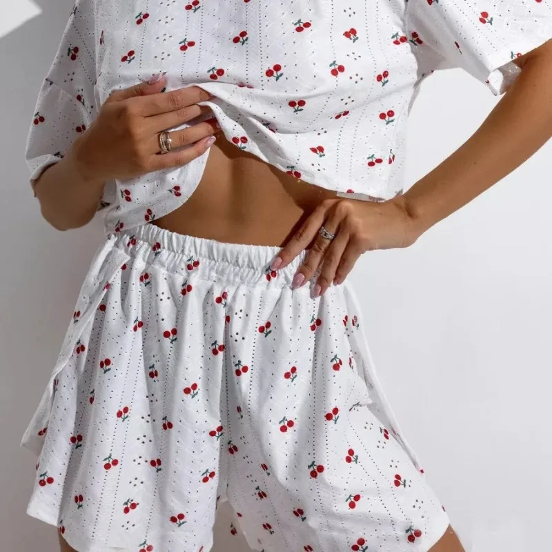 

Женский пижамный комплект, вязаные жаккардовые шорты с вишневым принтом, студенческий пижамный комплект с короткими рукавами, одежда для дома, милые пижамы большого размера с веером