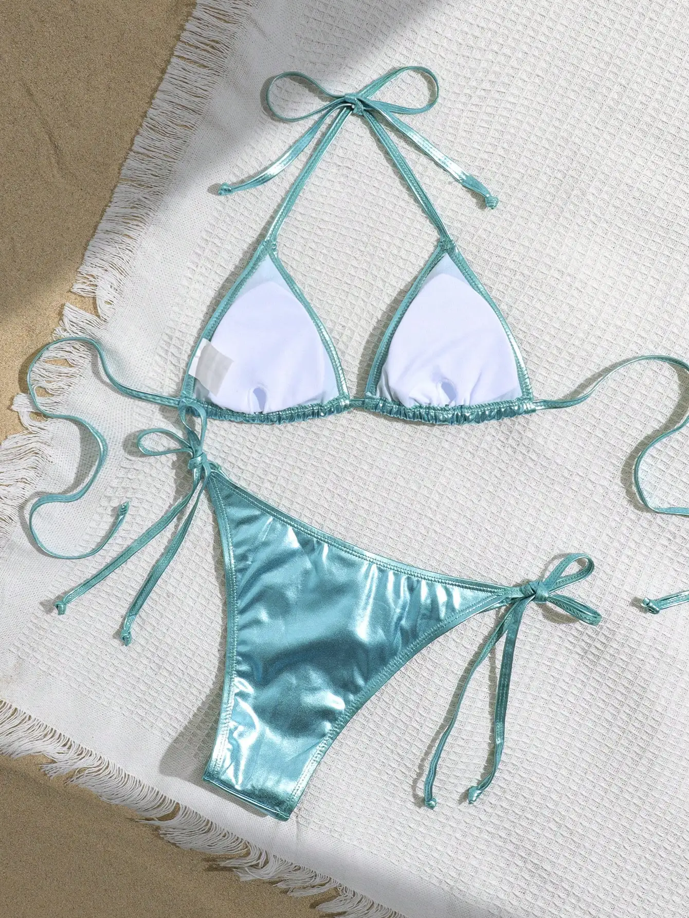 

Metallic Blue Tie Side Triangle Bikini Set For Women Summer Beach Swimwear