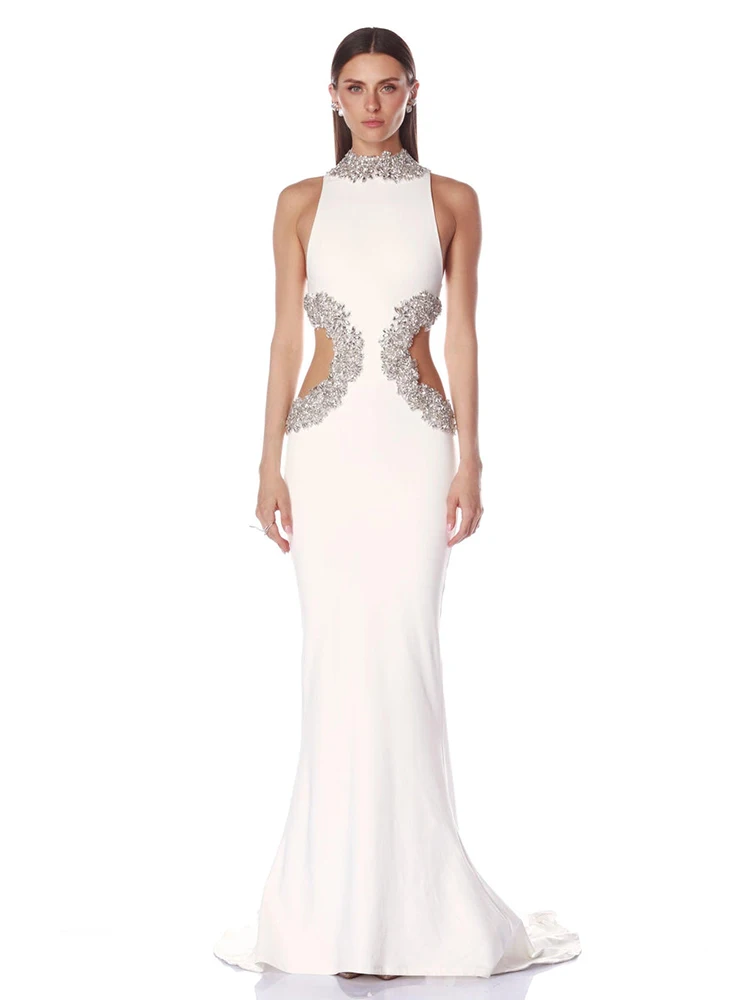 VC Damen-Abend-Maxikleid mit weißen Perlen – ärmelloses, figurbetontes Kleid mit Stehkragen und Ausschnitten, luxuriöses formelles Party-Hochzeitsgastkleid