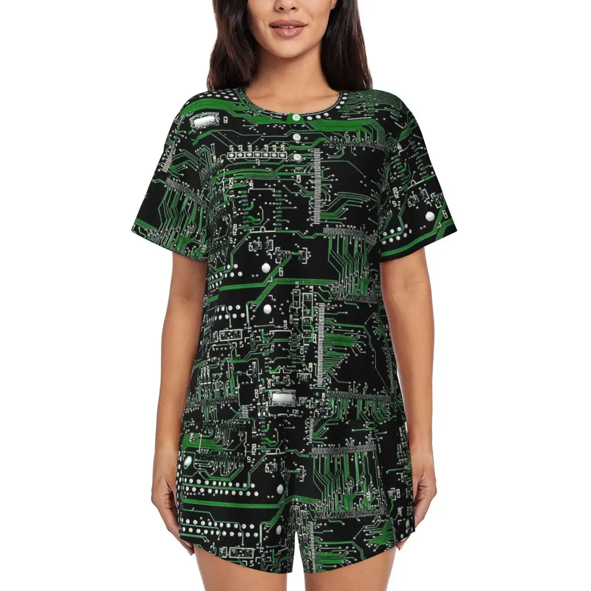 

Circuit Board Green Round Neck Short Sleeve Nightgowns for Sleeping Sleepshirts Women Soft Pajama Set Short Pants