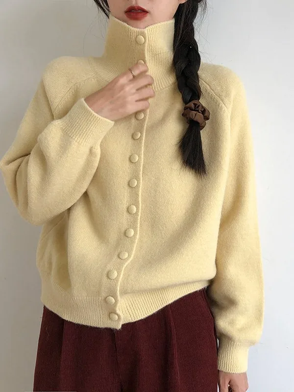 Soft Cozy High Neck Knitted Sweater Cardigan Women's Autumn Winter Yellow Inner Shirt Base Top Korean Style Regular Fit Long ...