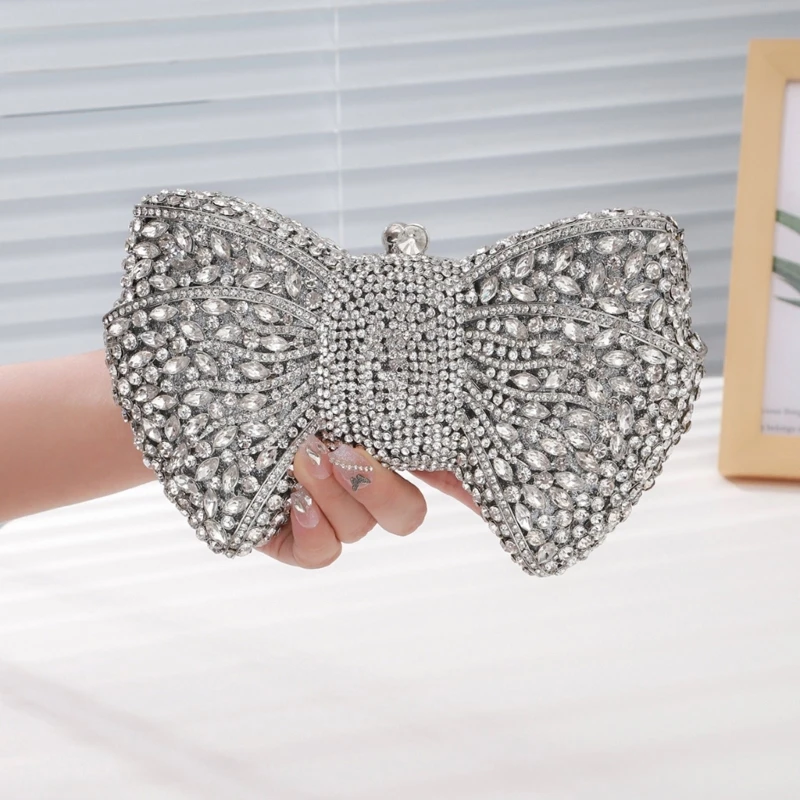 Elegant Rhinestone Bowknot Shaped Clutch Evening Bag Women Wedding Banquet Party Handbag with Chain Strap Crossbody Shoulder Bag